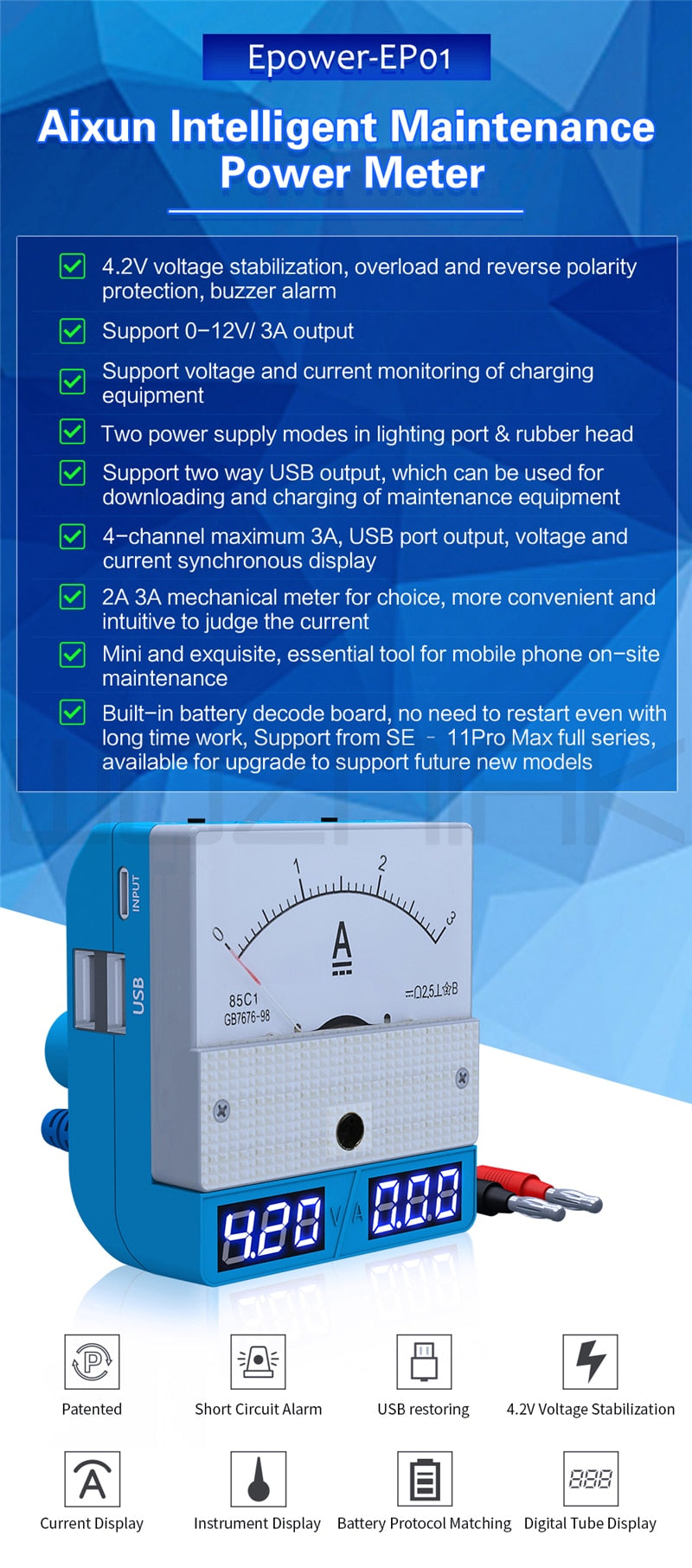 JC Aixun Epower-Ep01 Intelligent Maintenance Power Meter for iOS and Android Support Android / Lighting cable Current regulator